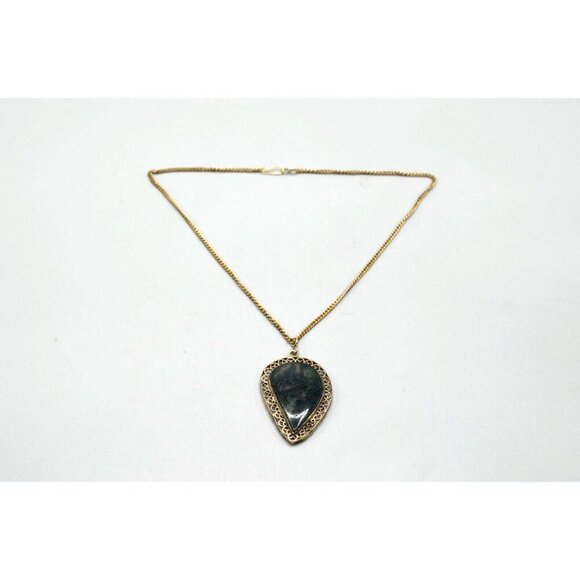Filigree Pendant Silver Pendant Necklace Leaf Green Stone Teardrop 19" Chain - Picture 1 of 8